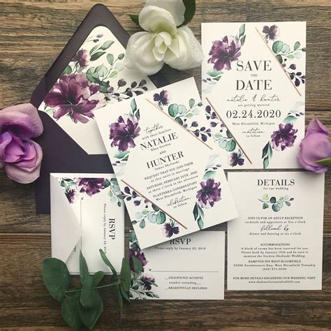 Purple Plum Greenery Eucalyptus Copper Diamond Wedding Invitations ...