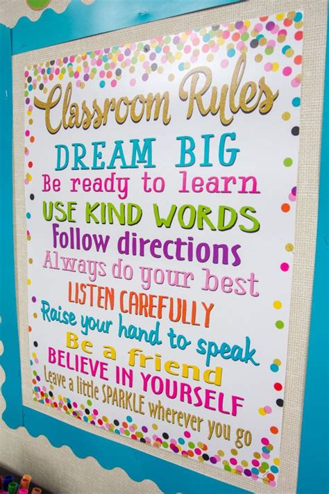 a classroom rules sign hanging on the wall in front of a bulletin board ...