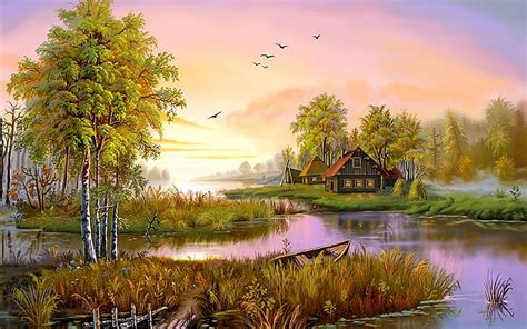 Spring Serenity: Artistic HD Wallpaper of a Lake House