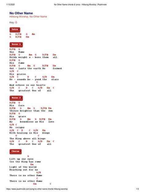 No Other Name Chords & Lyrics - Hillsong Worship - Psalmnote | PDF | Song Structure | Systematic ...