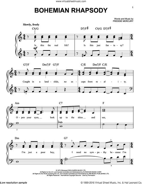 Queen - Bohemian Rhapsody, (easy) sheet music for piano solo | Easy ...