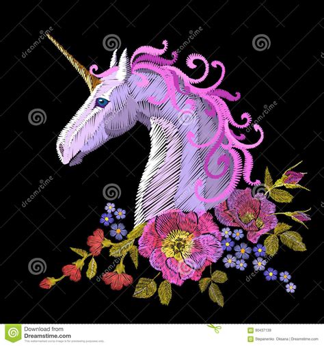 Fantasy Unicorn Embroidery Patch Sticker. Pink Violet Mane Horse Flower Arrange Poppy Rose ...