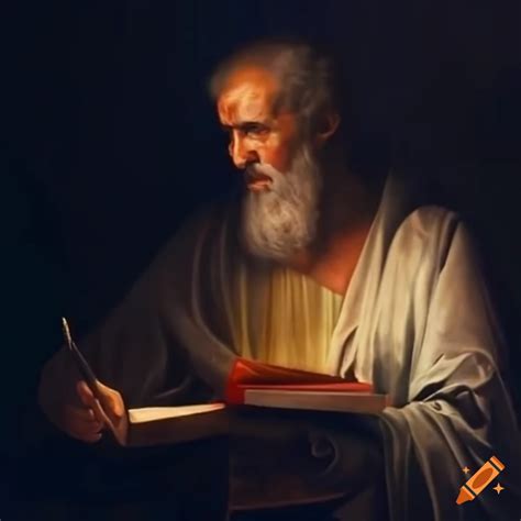 Apostle paul writing letters in a dimly lit cell on Craiyon