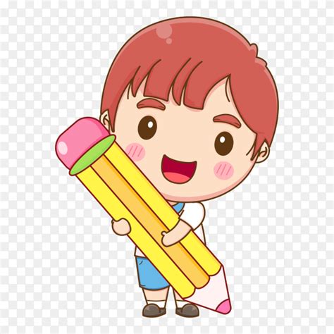 Cute student holding big pencil cartoon illustration on transparent ...