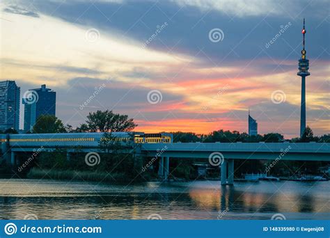 View at Bridge Over Danube at Colorful Sunset in Vienna Stock Photo ...