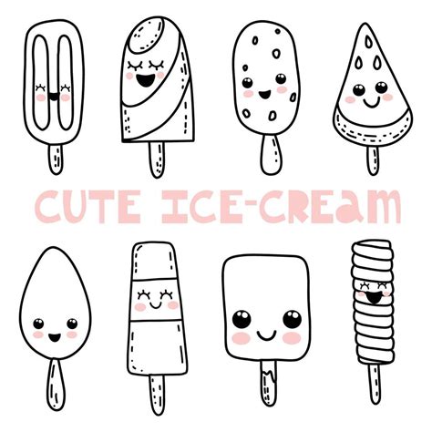 Cute hand drawn kawaii cartoon characters. Ice cream with smiling faces. Fun happy doodles for ...