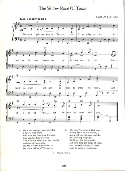 The Yellow Rose of Texas Sheet Music Digital Southern Folk Tune Key of ...