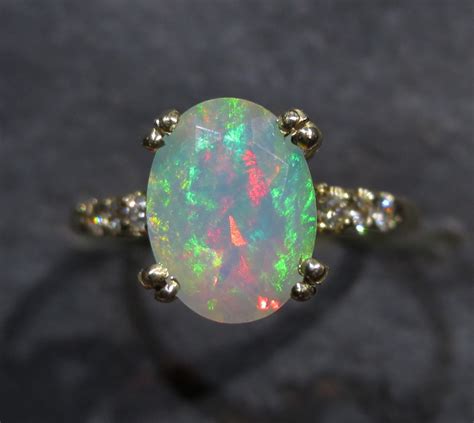 Genuine Ethiopian Opal Ring w/ Diamond Accents - Solid 14K Gold ...