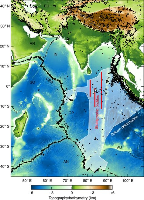 Topography/bathymetry of the central Indian Ocean region Black dots ...