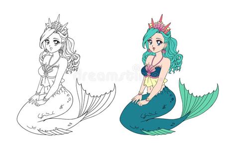 Anime Style Pretty Mermaid with Curly Green Hair and Fish Tail. Sitting ...