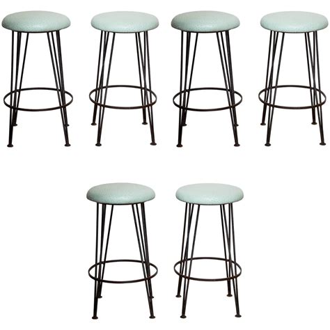 Set of Six Wrought Iron Bar Stools with Mint Green Ostrich Leather Tops | 1stdibs.com | Wrought ...