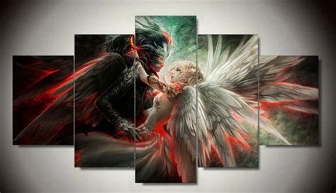 Rushed Wall Art Angel And Demon Love Group Canvas Painting Hot Cuadros Decoration 5Pcs Unframed ...