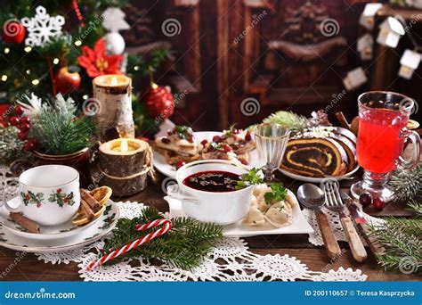 Traditional in Poland Christmas Eve Dishes on Festive Table Stock Image - Image of filling ...