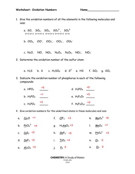 Worksheet Oxidation Numbers Answer Key