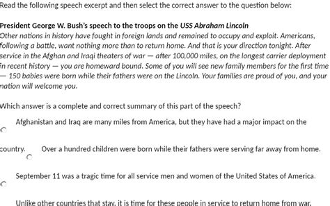 Read the following speech excerpt and then select the correct ...