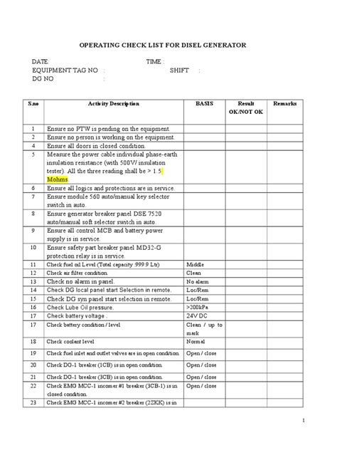 Diesel Generator Checklist