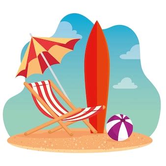 Premium Vector | Summer scenes, beach chair with umbrella, surfboard and ball plastic, in the ...