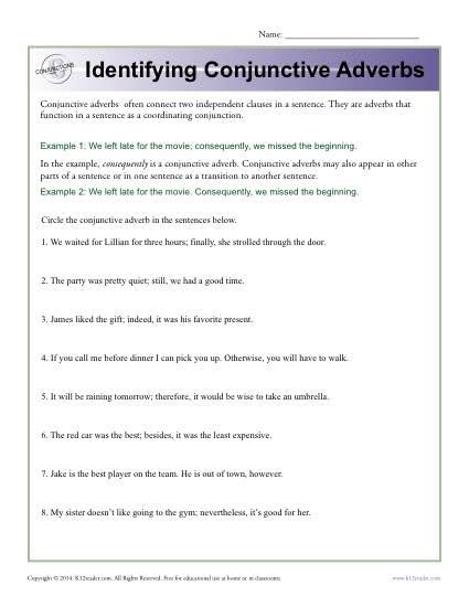 Conjunctive Adverbs Exercises With Answers Pdf - Exercise Poster