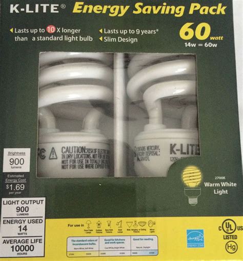 60 Watt K-Lite Energy Saving Light Bulbs Warm White Light (2 bulbs) 60W KL1993B | Energy saving ...