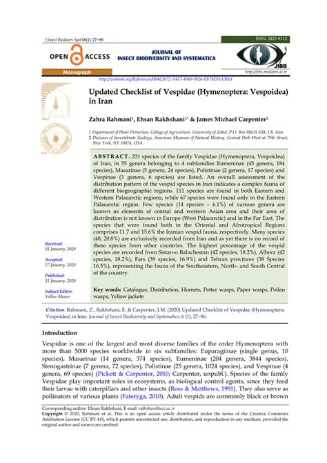 (PDF) Updated Checklist of Vespidae (Hymenoptera: Vespoidea) in Iran