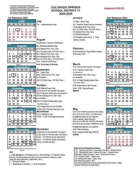 Colorado Springs School District 11 Calendar 2023-2024