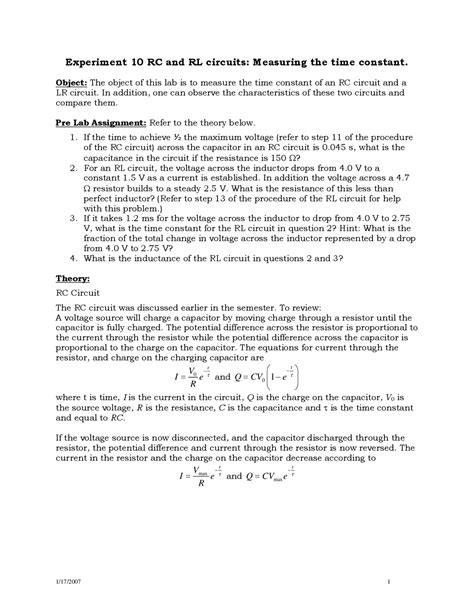 RC and RL Circuits - Experiment 10 | PHYS 212 - Docsity