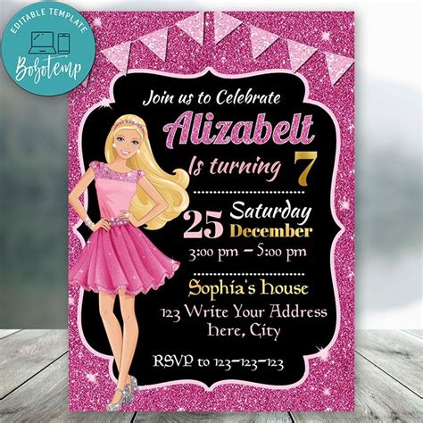 Editable Barbie Invitations Instant Download | Bobotemp