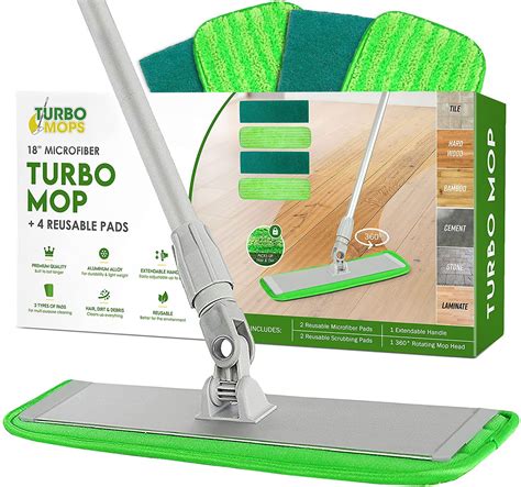 Turbo Microfiber Mop Floor Cleaning System - 18-inch Dust Mop with 4 Reusable Pads for Hardwood ...