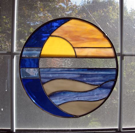 Moon and Sun Over Water Round Stained Glass Panel