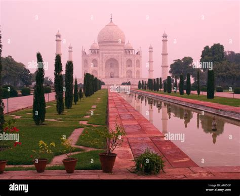 Taj Mahal mausoleum in pink glow of early morning light with in water ...