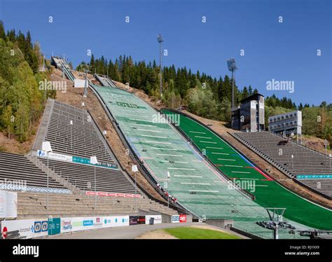 LILLEHAMMER, NORWAY - JULY 27, 2018: Lysgardsbakkene Ski Jumping Arena, 1994 Winter Olympics ...