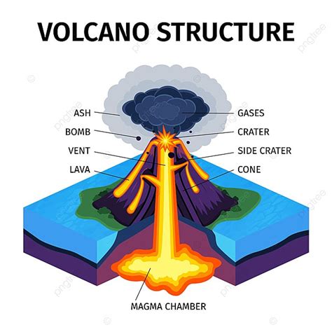 Dwarsdoorsnede Van Vulkaan Isometrisch Diagram Met Aanduiding Van Magma Kamer Gassen Kegel Vent ...