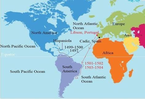 Amerigo Vespucci's Routes: The World Map with Countries and Major Cities