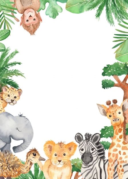 Animais em aquarela moldura bonito dos desenhos animados da áfrica | Vetor Premium