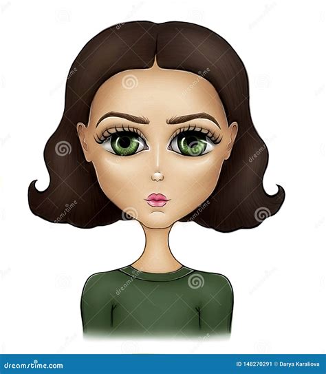 Girl Female Cartoon Character Big Green Eyes Illustration Stock Illustration - Illustration of ...