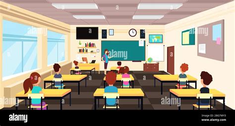 Teacher at blackboard and children at school desks in classroom. Cartoon vector illustration ...