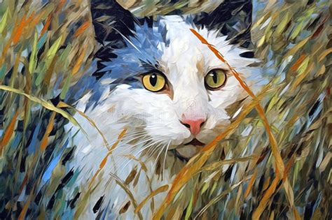 Oil Painting of a White Cat in a Field of Tall Grass Stock Illustration - Illustration of nature ...