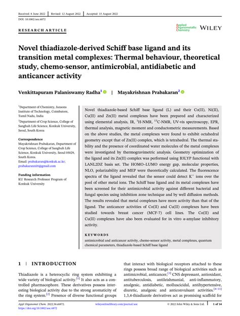 Novel thiadiazole derived Schiff base ligand and its transition metal complexes: Thermal ...