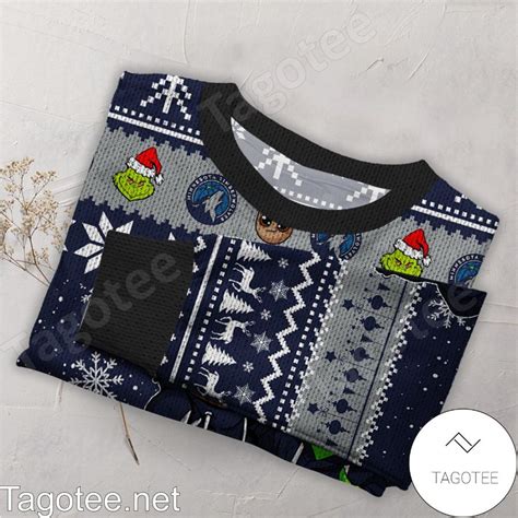 Minnesota Timberwolves Baby Groot And Grinch NBA Ugly Christmas Sweater - Tagotee