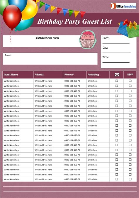 Birthday Party Guest List Template 06 - Office Templates
