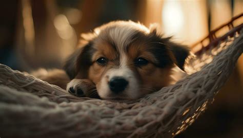 Cute puppy sleeping, small and fluffy, enjoying indoor relaxation ...