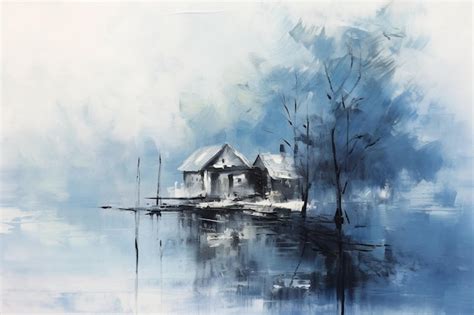 Premium AI Image | A painting of a house on a lake