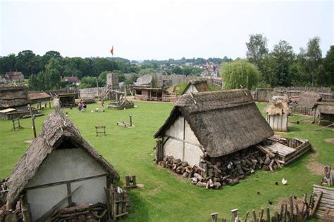 an old village with thatched roof houses and chickens on the grass in front of it