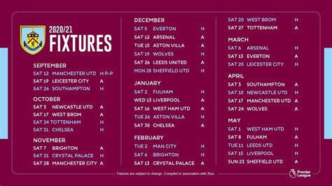 Burnley's fixtures for the 20/21 season : Burnley