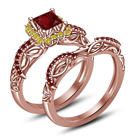 Rose Gold Over 925 Sliver Red Garnet Princess Bridal Engagement Ring Set | Bridal engagement ...