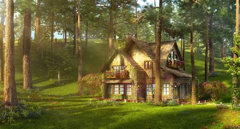 Download Green Tree Forest Man Made House HD Wallpaper