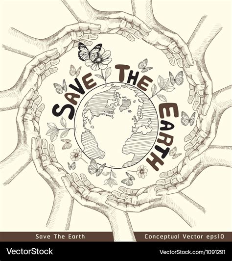 Hands save the earth drawing conceptual Royalty Free Vector