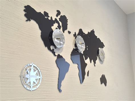 Big Wall Clock WORLD MAP 3 Time Zones Modern Clock Gift Wall - Etsy