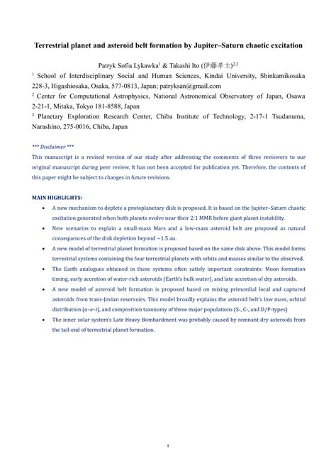 (PDF) Terrestrial planet and asteroid belt formation by Jupiter-Saturn ...