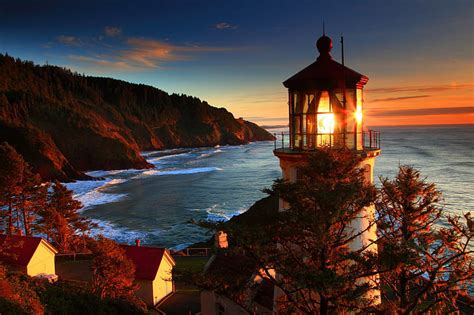 HD wallpaper: Oregon Coast Sea Lighthouse Sunset Landscape Ocean ...